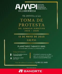 Flyer de invitación a la toma de protesta del Consejo Directivo AMPI Villahermosa 2025–2026, el 13 de mayo en el Planetario Tabasco 2000