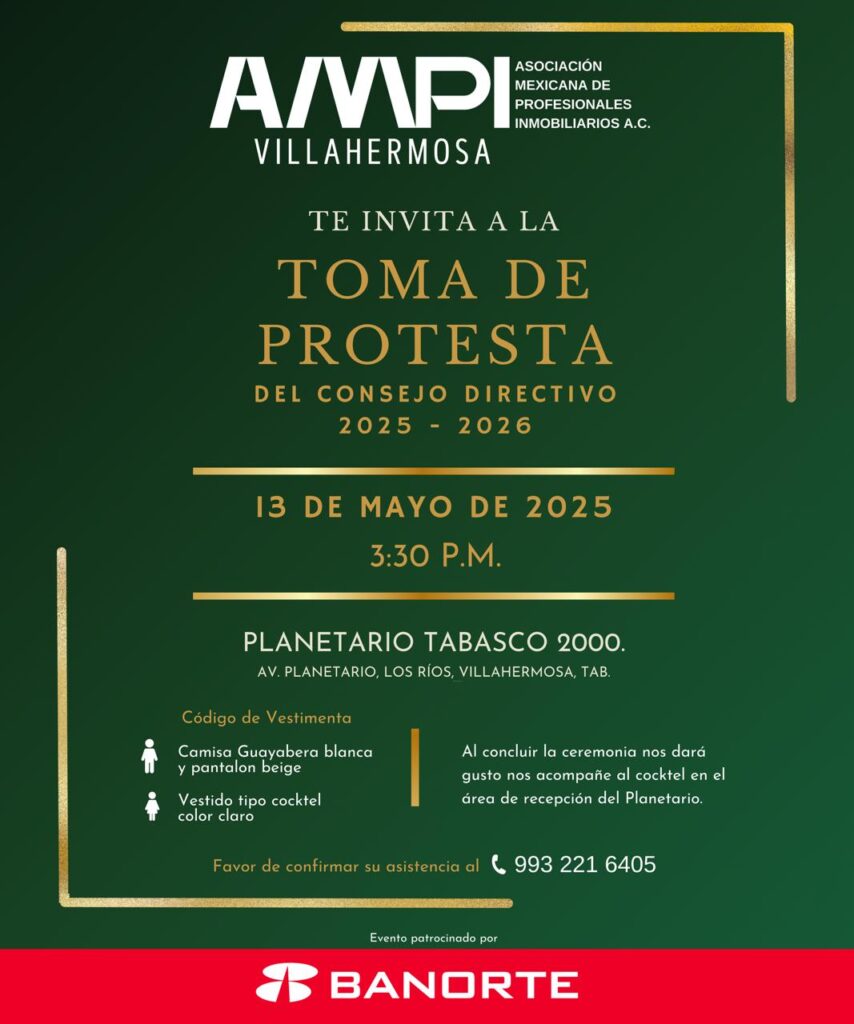 Flyer de invitación a la toma de protesta del Consejo Directivo AMPI Villahermosa 2025–2026, el 13 de mayo en el Planetario Tabasco 2000