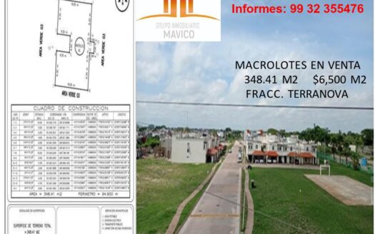 3 MACROLOTES EN VENTA DE 348.41 M2 C/U, FRACCIONAMIENTO TERRANOVA
