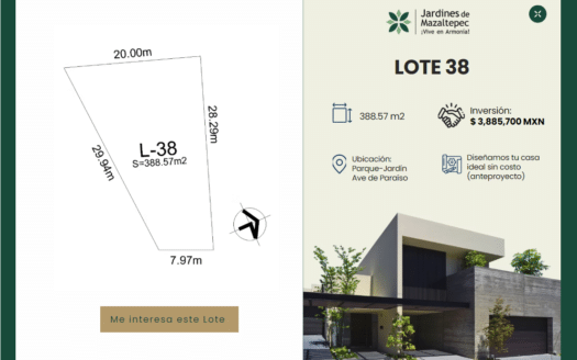 LOTE 38 EN VENTA DE 388.57 m² – RESIDENCIAL JARDINES DE MAZALTEPEC