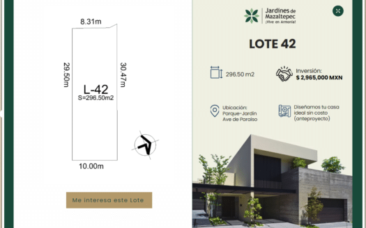 LOTE 42 EN VENTA DE 296.50 m² | JARDINES DE MAZALTEPEC