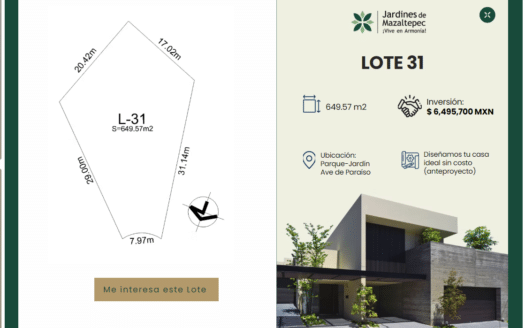 LOTE 31 EN VENTA DE 649.57 m² – RESIDENCIAL JARDINES DE MAZALTEPEC